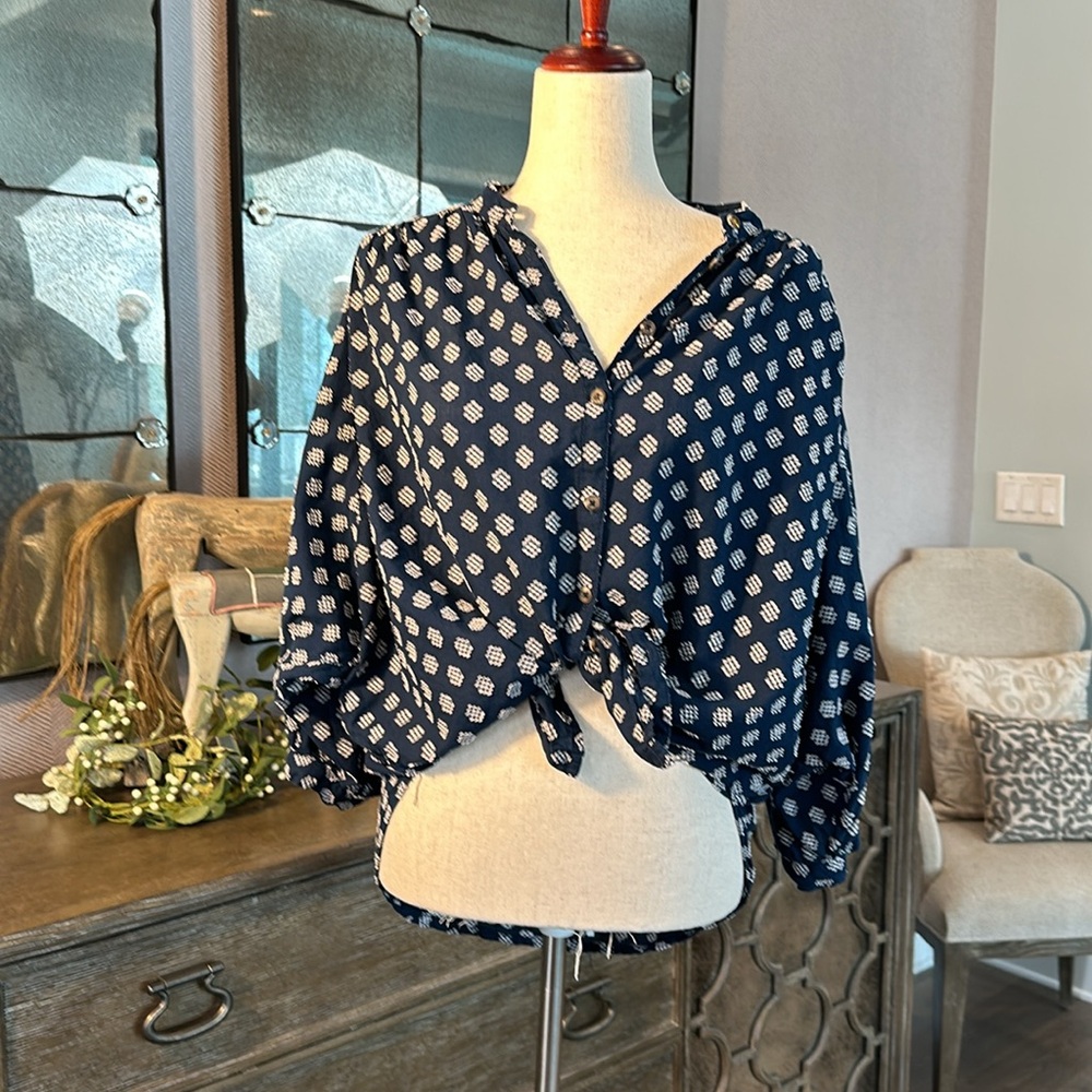 Anthropologie blue and white Dolman Sleeve button up blouse